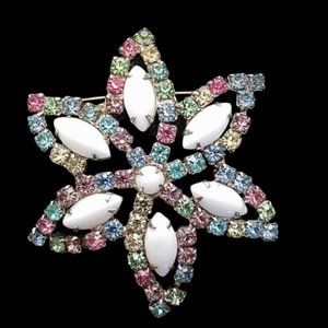 Vintage Milk Glass Pastel Rhinestone Starfish Brooch